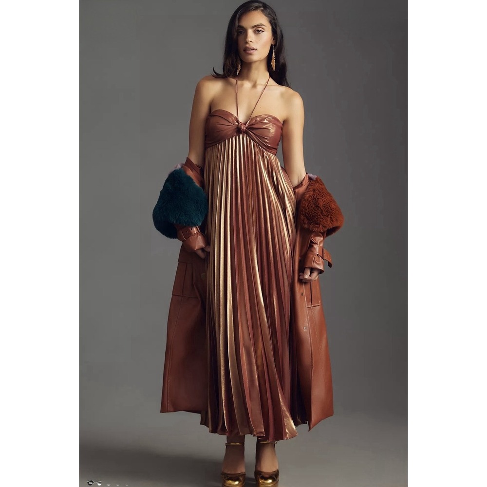 Anthropologie 2X Metallic Plissé Halter Maxi Dress Copper Pleated Gown
